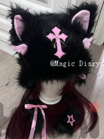 Пушистая неко шапка с декором чёрная cd756 shg13